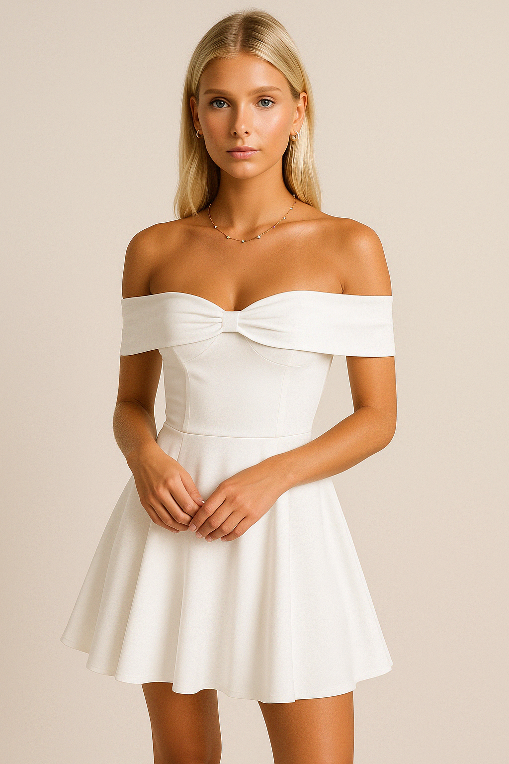 Lumina Vancouver Kari off-shoulder white A-line mini dress on a model, showcasing elegant neckline and stylish fit.