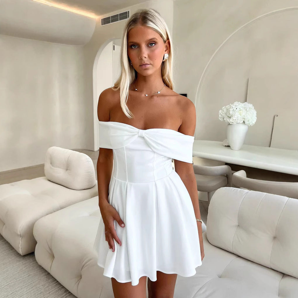 White Lumina Vancouver Kari off-shoulder A-line mini dress, stylish and flowy for a casual or semi-formal look.