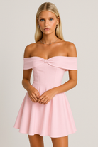 White Kari off-shoulder A-line mini dress by Lumina Vancouver, featuring a stylish and feminine silhouette for casual or dressy occasions.