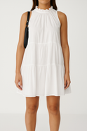 White Lumina Wear Nova Breeze sleeveless A-line mini dress with a fitted bodice and flared skirt, perfect for casual summer wear.