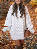 White Nova Cable Braided Sweater Dress by Lumina Wear, mini sweater dress with intricate braided pattern, perfect for stylish winter looks.