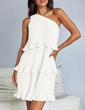 White Nova pleated one-shoulder mini dress by Lumina Wear, featuring a stylish and elegant design for special occasions.