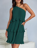 White Nova Pleated One-Shoulder Mini Dress by Lumina Wear, featuring elegant pleats and a stylish one-shoulder design.