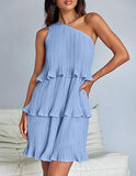 Lumina Wear Nova white pleated one-shoulder mini dress with stylish design, shown on a model.