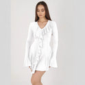 White Lumina Nova slim fit v-neck mini dress displayed on a hanger, showcasing its sleek silhouette and elegant design.