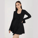 White Nova slim fit V-neck mini dress by Lumina Wear, shown on a model, highlighting its sleek silhouette and elegant design.