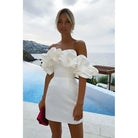 Purple Lumina Vancouver Zaria satin mini dress with off-shoulder design, fitted style, and mini length.