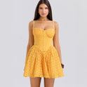 Yellow Nova Lace Jacquard Mini Dress by Lumina Wear, featuring intricate lace details and a stylish short dress design.