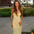 Yellow Lumina Vancouver Katarina slip dress with satin finish, slim fit, mini length, featuring elegant, smooth fabric.