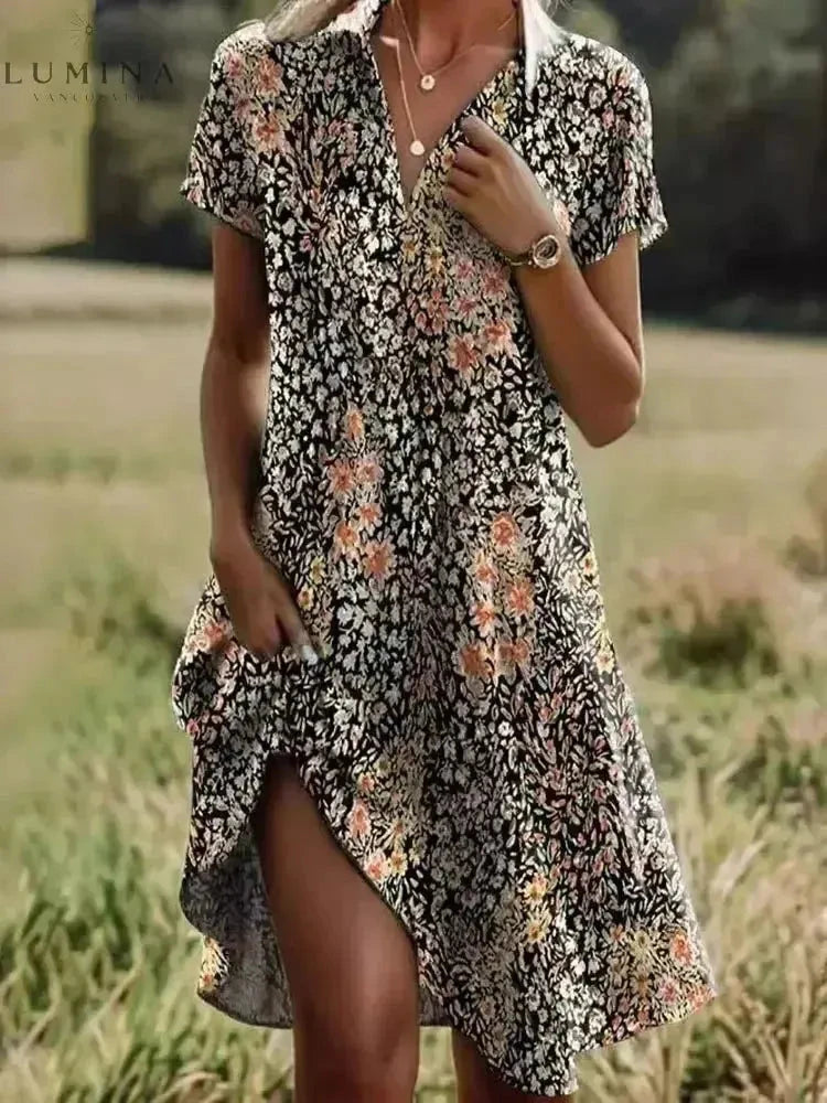 Lumina Vancouver Onerva Boho Vintage V-Neck Dress featuring a flowy silhouette and bohemian-inspired design.