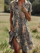 Lumina Vancouver Onerva Boho Vintage V-Neck Dress featuring a flowy silhouette and bohemian-inspired design.