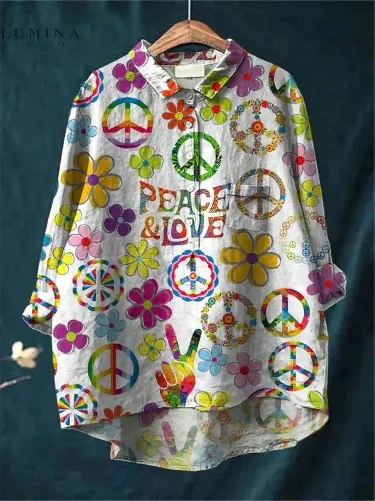 Multicolor Serenity Hippie Art T-shirt by Lumina Vancouver featuring vibrant, artistic design on soft cotton fabric.