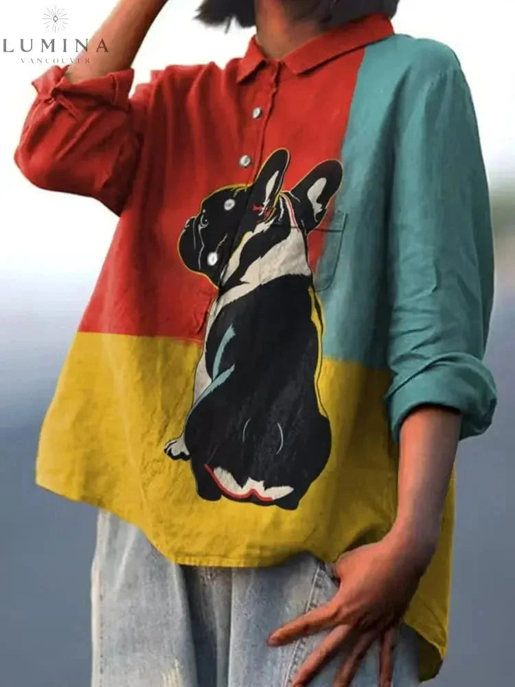 Lumina Vancouver Oda dog artwork T-shirt in multicolor, featuring a playful dog illustration on a casual tee.