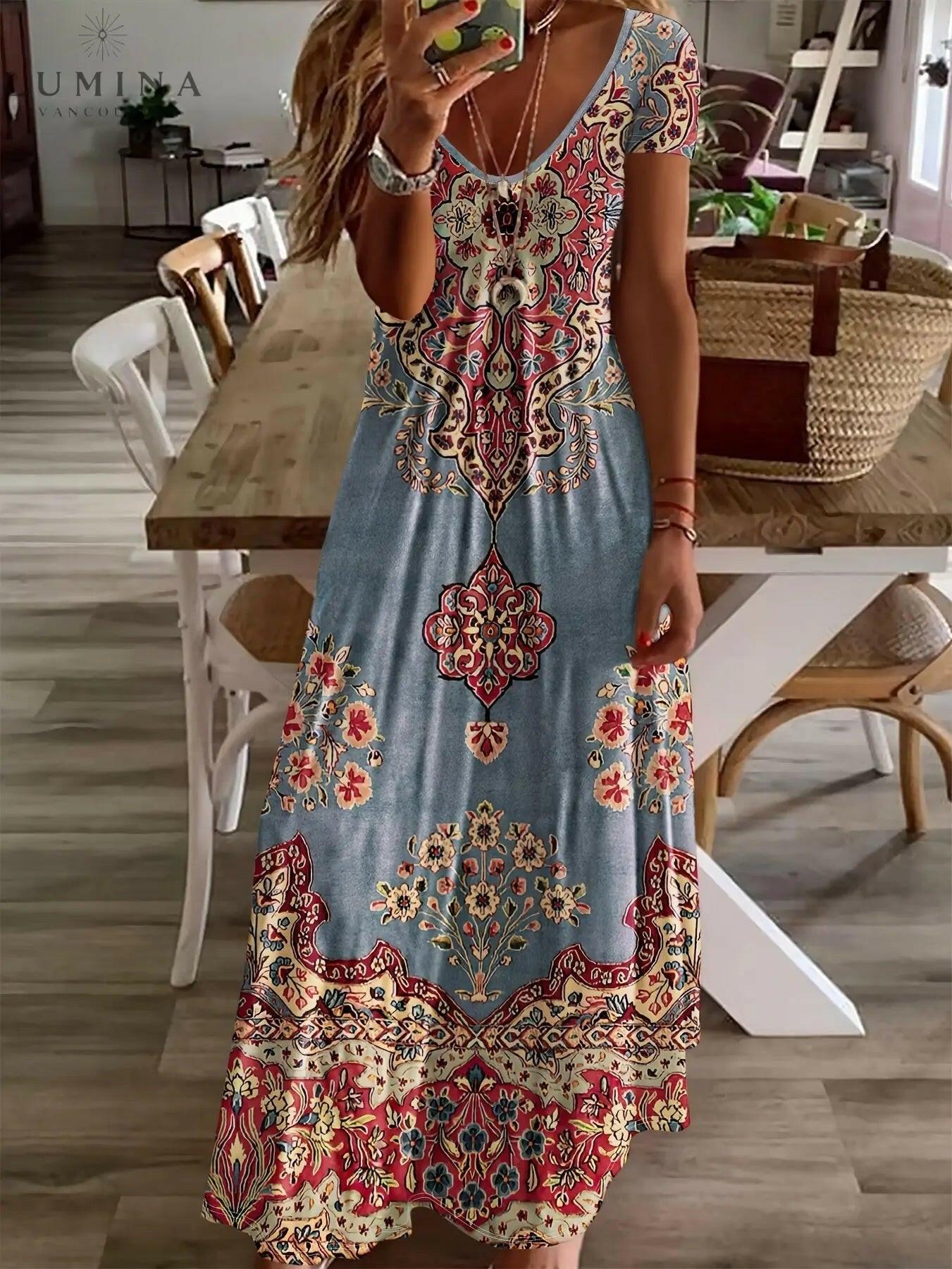 Lumina Vancouver Maya vintage floral dress with multicolor pattern, short sleeves, and a fitted waist.