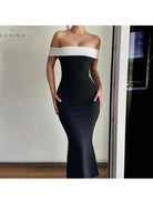Lumina Vancouver Morgana off-shoulder contrast maxi dress in old money style, flowing fabric with elegant design and contrasting details.