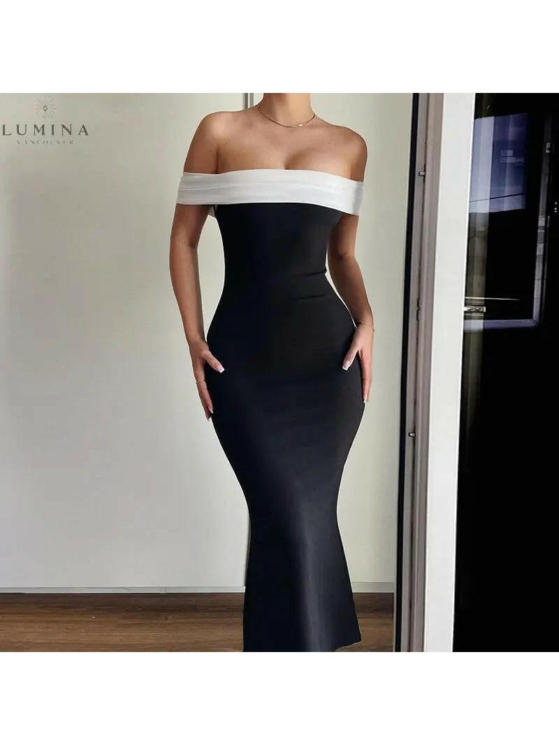 Lumina Vancouver Morgana off-shoulder contrast maxi dress in old money style, flowing fabric with elegant design and contrasting details.