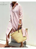 Pink Colen Classic Stripped Lace Shirt Dress by Lumina Wear, featuring a tailored fit with lace details and button front.