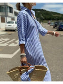 Pink Lumina Wear Colen classic striped lace shirt dress with button front and long sleeves, casual and stylish for everyday wear.