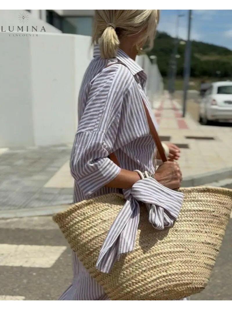 Colen - Classic Stripped Lace Shirt Dress - Lumina Vancouver