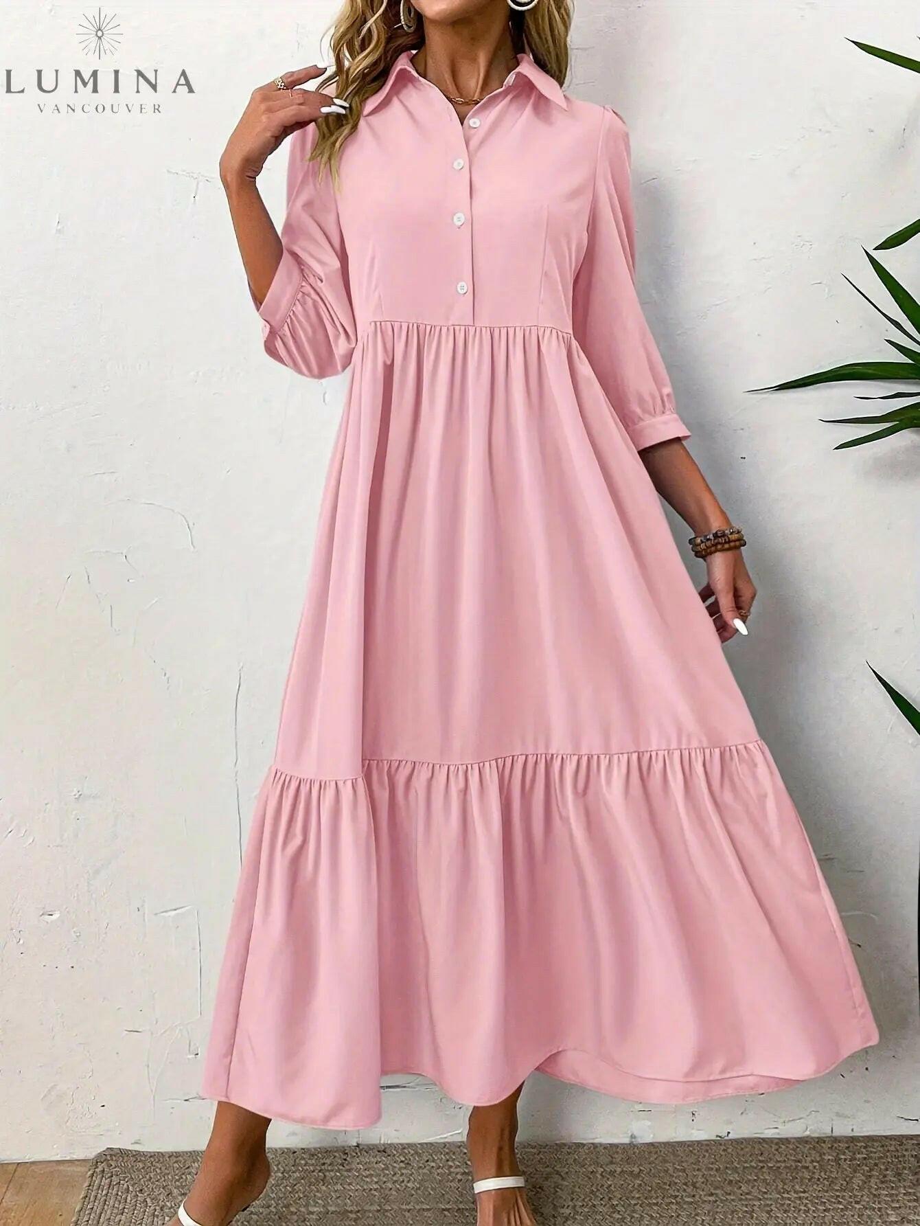 Pink Embla Button Dress by Lumina Vancouver, featuring a stylish button-front design and soft fabric.