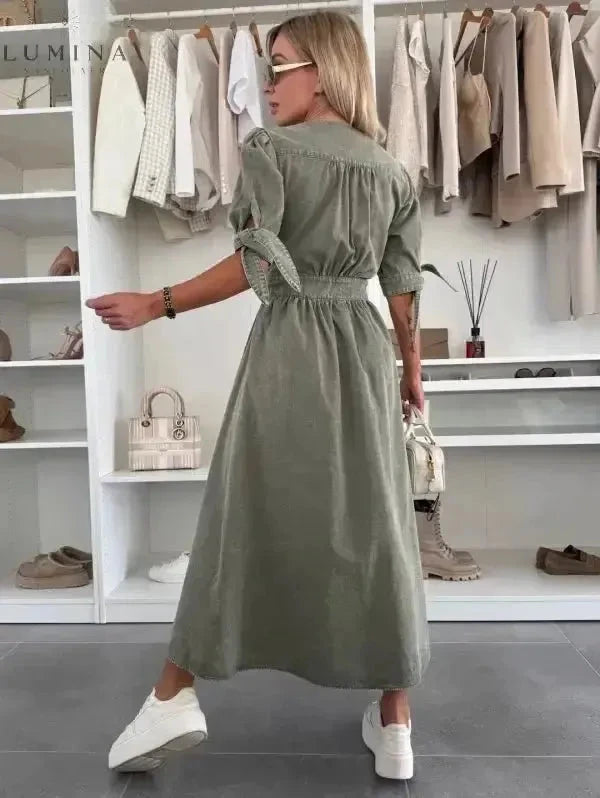Pink Julie denim dress by Lumina Wear, casual sleeveless dress with a fitted waist and button-front design.