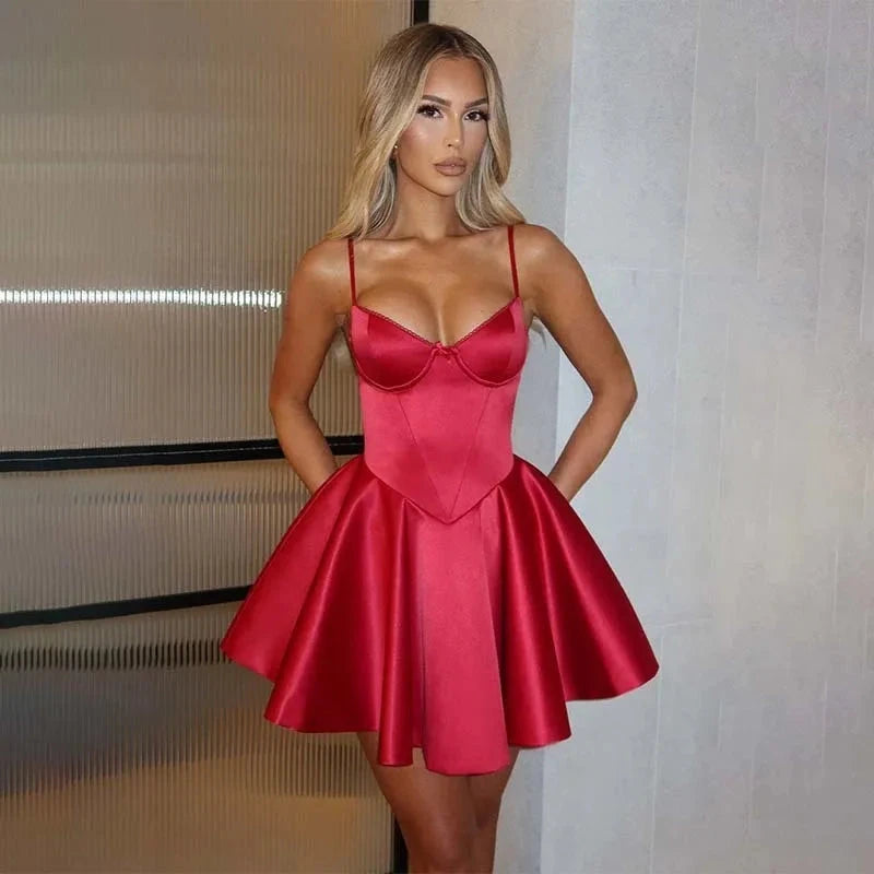 Red satin corset bodice mini dress by Lumina Vancouver featuring a fitted silhouette and elegant design.