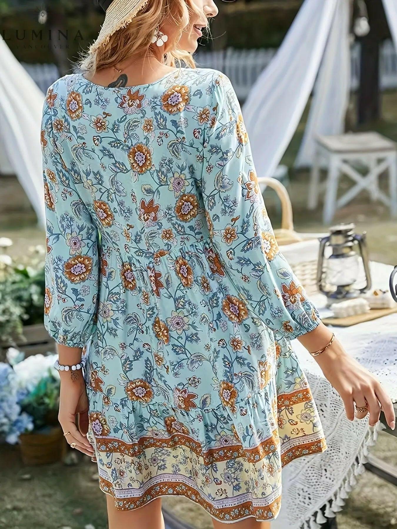 Sky-blue Katariina boho dress by Lumina Vancouver, featuring flowing fabric and bohemian style, displayed on a hanger.