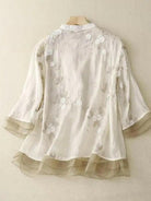 Lumina Vancouver Art Retro Embroidery 3/4 Sleeve Patchwork Shirt in apricot with colorful embroidered design.