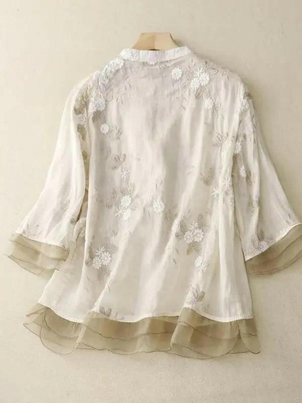 Lumina Vancouver Art Retro Embroidery 3/4 Sleeve Patchwork Shirt in apricot with colorful embroidered design.