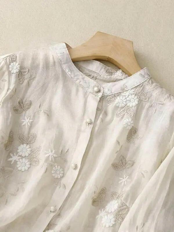 Lumina Vancouver Art Retro Embroidery 3/4 Sleeve Patchwork Shirt in apricot with vintage embroidery and unique design.