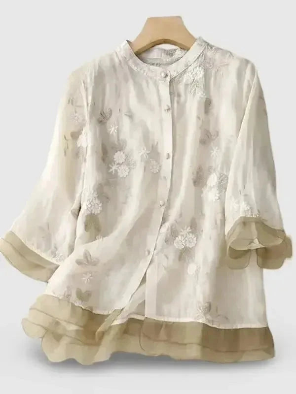 Lumina Vancouver Art Retro Embroidery 3/4 Sleeve Patchwork Shirt in apricot with vintage-inspired embroidery and unique design.