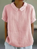 Blue plain short sleeve round neck top by Lumina Wear, casual and comfortable women's top, shown in a close-up image.