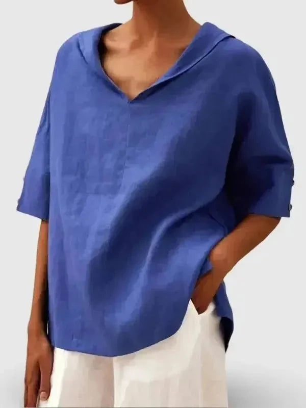 Blue women's casual V-neck shirt by Lumina Vancouver, featuring a comfortable fit and stylish design for everyday wear.