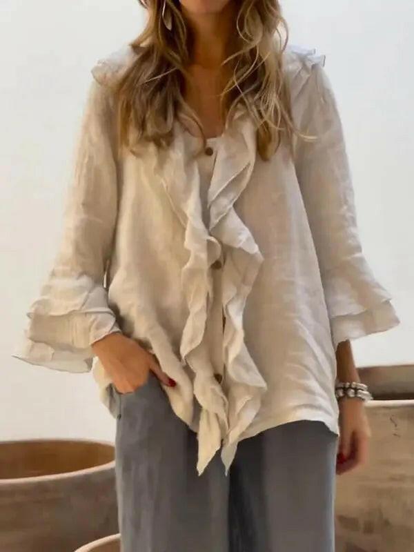 Light blue women's ruffle casual cotton shirt with 3/4 sleeves from Lumina Vancouver, shown on a model.