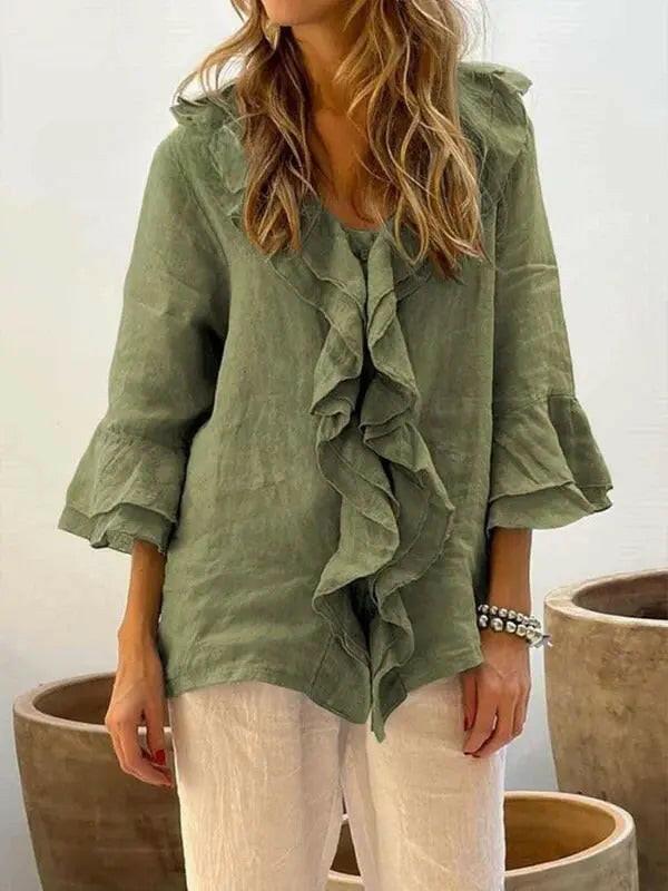 Women’s ruffled casual cotton shirt with 3/4 sleeves by Lumina Vancouver, in blue, featuring stylish ruffle details.