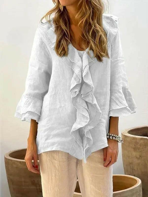 Women's Ruffles casual cotton shirt with 3/4 sleeves by Lumina Vancouver, featuring a stylish ruffle design in blue.