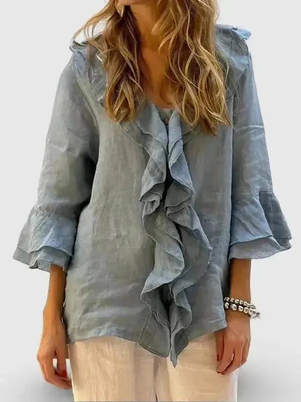 Women's casual cotton shirt with ruffles and 3/4 sleeves by Lumina Vancouver, in blue, perfect for relaxed everyday wear.