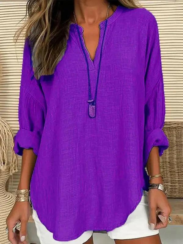 Light blue women's cotton long sleeve round neck beach shirt by Lumina Vancouver, loose fit, solid color for casual wear.