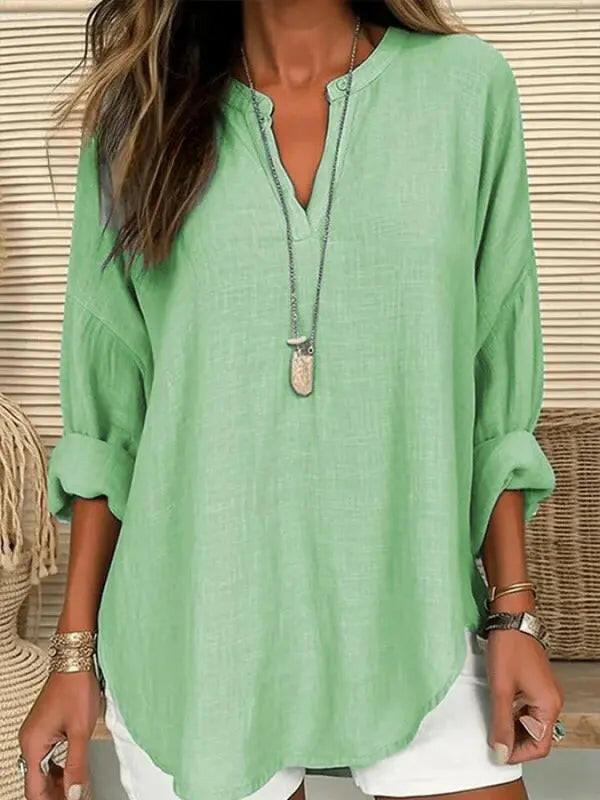 Light blue women's cotton long sleeve beach shirt by Lumina Vancouver with a round neck and loose fit, perfect for casual wear.