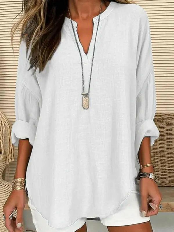 Light blue women's cotton long sleeve round neck beach shirt by Lumina Vancouver, loose fit, solid color, perfect for casual wear.