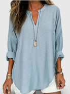 Light blue women's cotton long sleeve round neck beach shirt by Lumina Vancouver, loose fit, solid color for casual summer wear.