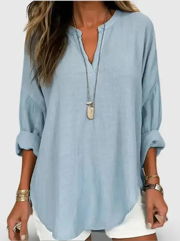 Light blue women's cotton long sleeve round neck beach shirt by Lumina Vancouver, loose fit, solid color for casual summer wear.