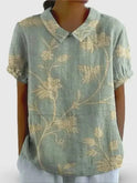 Women's retro floral art print cotton blouse by Lumina Wear, featuring colorful casual design and comfortable fit.