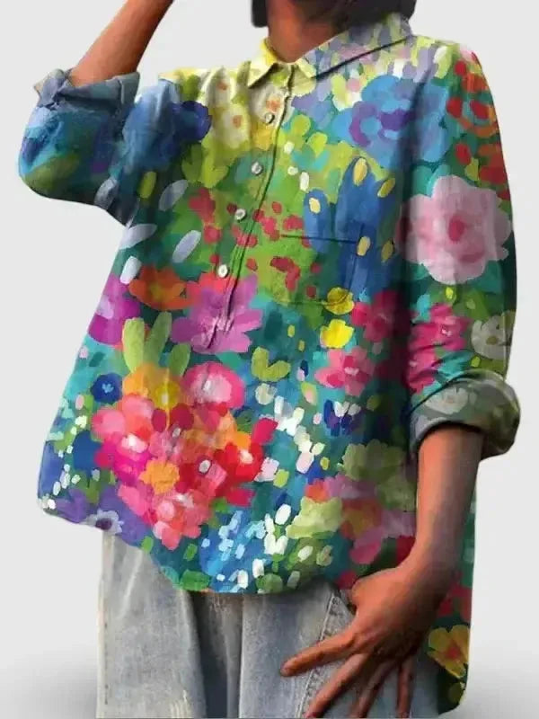 Women's vintage floral art print cotton blouse by Lumina Wear, featuring a colorful, casual floral design and relaxed fit.