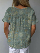 Multicolor woodland vegetation pattern printed women's casual cotton and linen shirt by Lumina Vancouver.