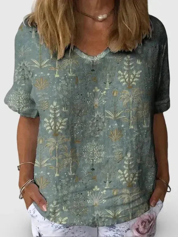 Women’s casual cotton and linen shirt with multicolor woodland vegetation pattern by Lumina Vancouver.