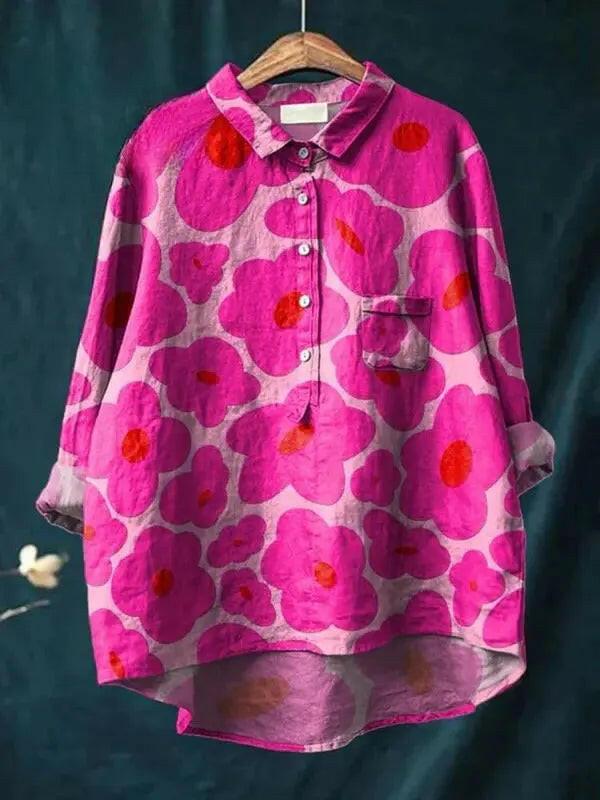 Vibrant pink floral printed women's casual cotton shirt by Lumina Vancouver, showcasing a colorful floral pattern and relaxed fit.
