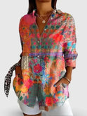 Women's vintage flower art print cotton blouse by Lumina Wear, casual and comfortable with colorful floral design.