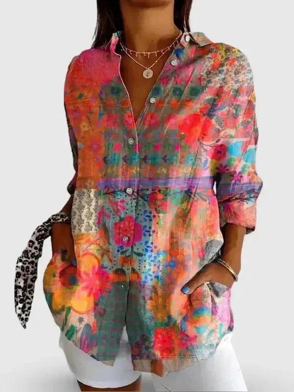 Women's vintage flower art print casual cotton shirt by Lumina Vancouver, featuring a colorful floral design and relaxed fit.
