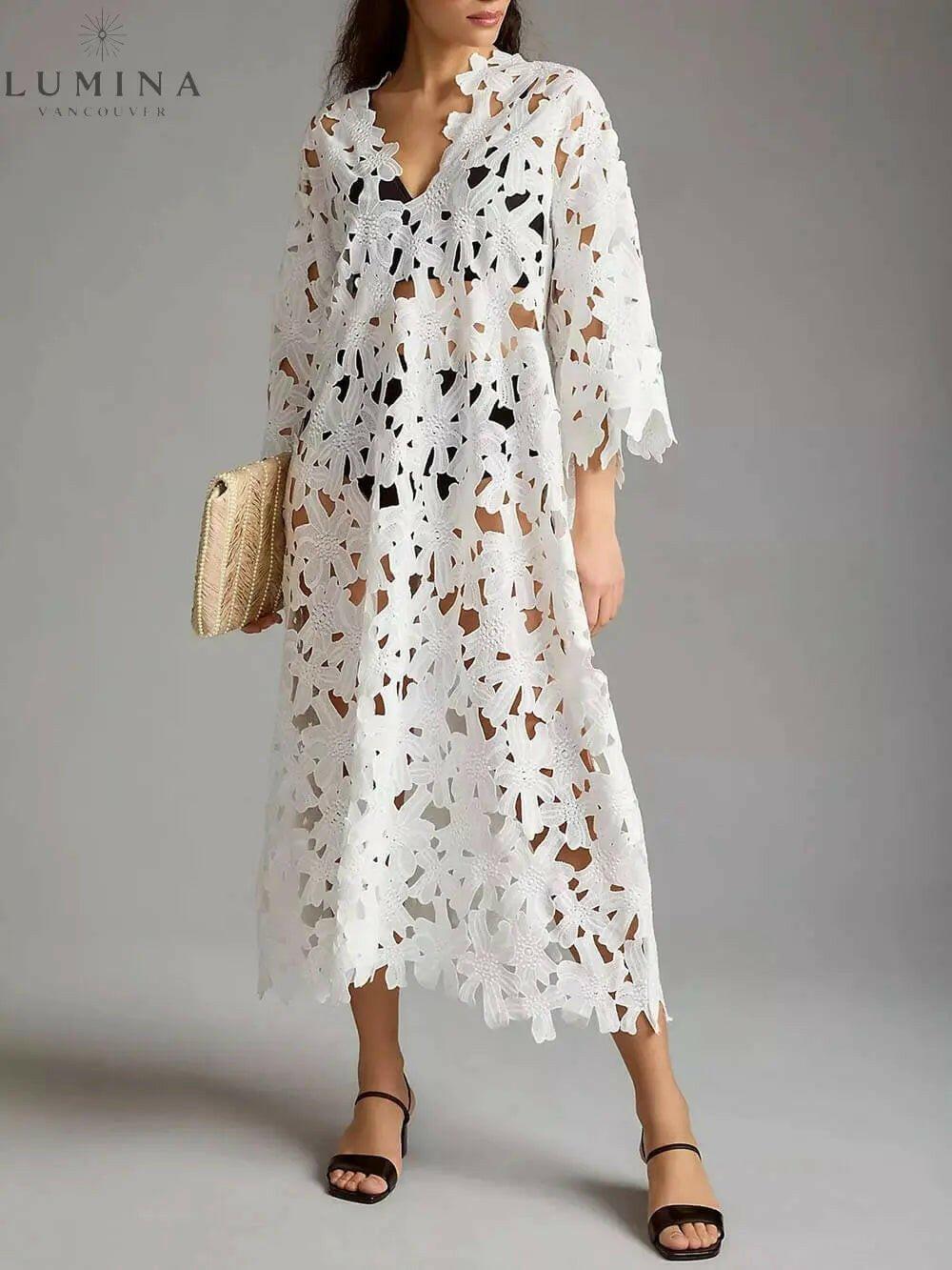 Raquel - Floral Eyelet Long Sleeve Midi Dress - Lumina Vancouver